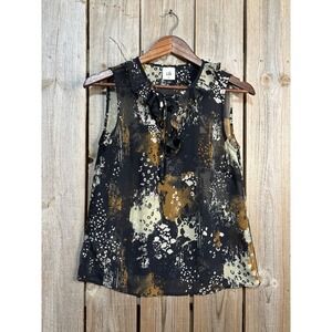 Cabi 4185 Abstract Animal Print Tie Neck Ruffle Sleeveless Blouse Black XS